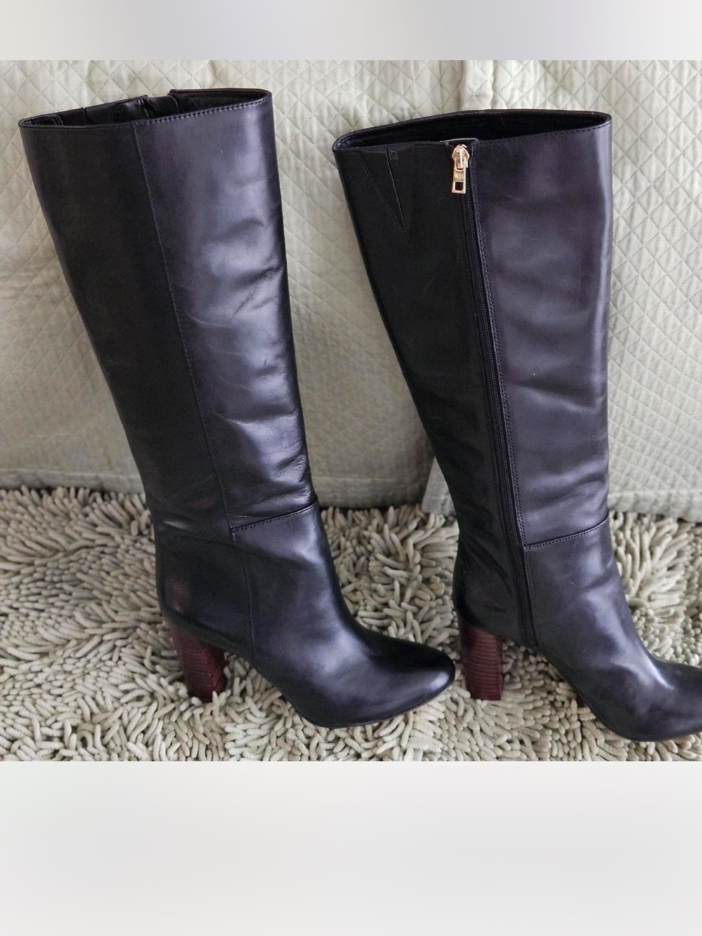 Ann Taylor Black Leather Tall Zip Heeled Boots with Brown Stacked Heel